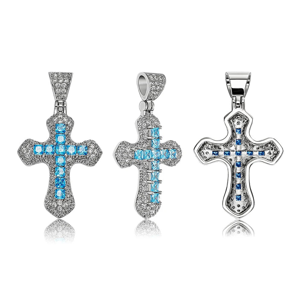 COLLIER CROIX BRILLANT CLASSIQUE TOPGRILLZ PENDENTIF EN ZIRCONIUM BLEU GLACÉ BAGUETTE MODE FEMME RELIGIEUX JÉSUS BIJOU HIP HOP