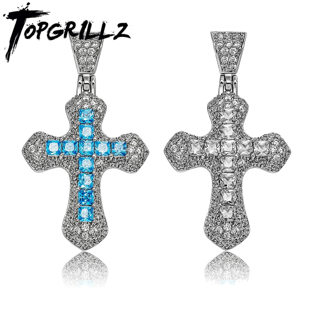 COLLIER CROIX BRILLANT CLASSIQUE TOPGRILLZ PENDENTIF EN ZIRCONIUM BLEU BAGUETTE GLACÉ MODE FEMME JÉSUITE HIP HOP BIJOUX