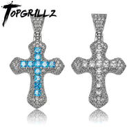 COLLIER CROIX BRILLANT CLASSIQUE TOPGRILLZ PENDENTIF EN ZIRCONIUM BLEU GLACÉ BAGUETTE MODE FEMME RELIGIEUX JÉSUS BIJOU HIP HOP