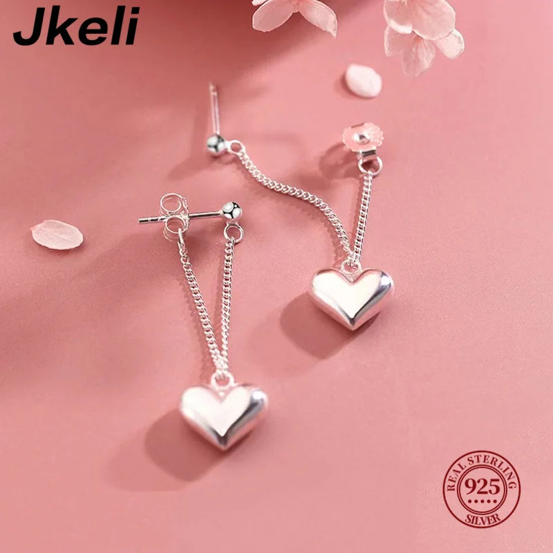 S925 Silver Simple Pair Love Heart Drop Earrings For Women Vintage Smooth Heart Shaped Chain Tassel Earrings Fine Party Jewelry