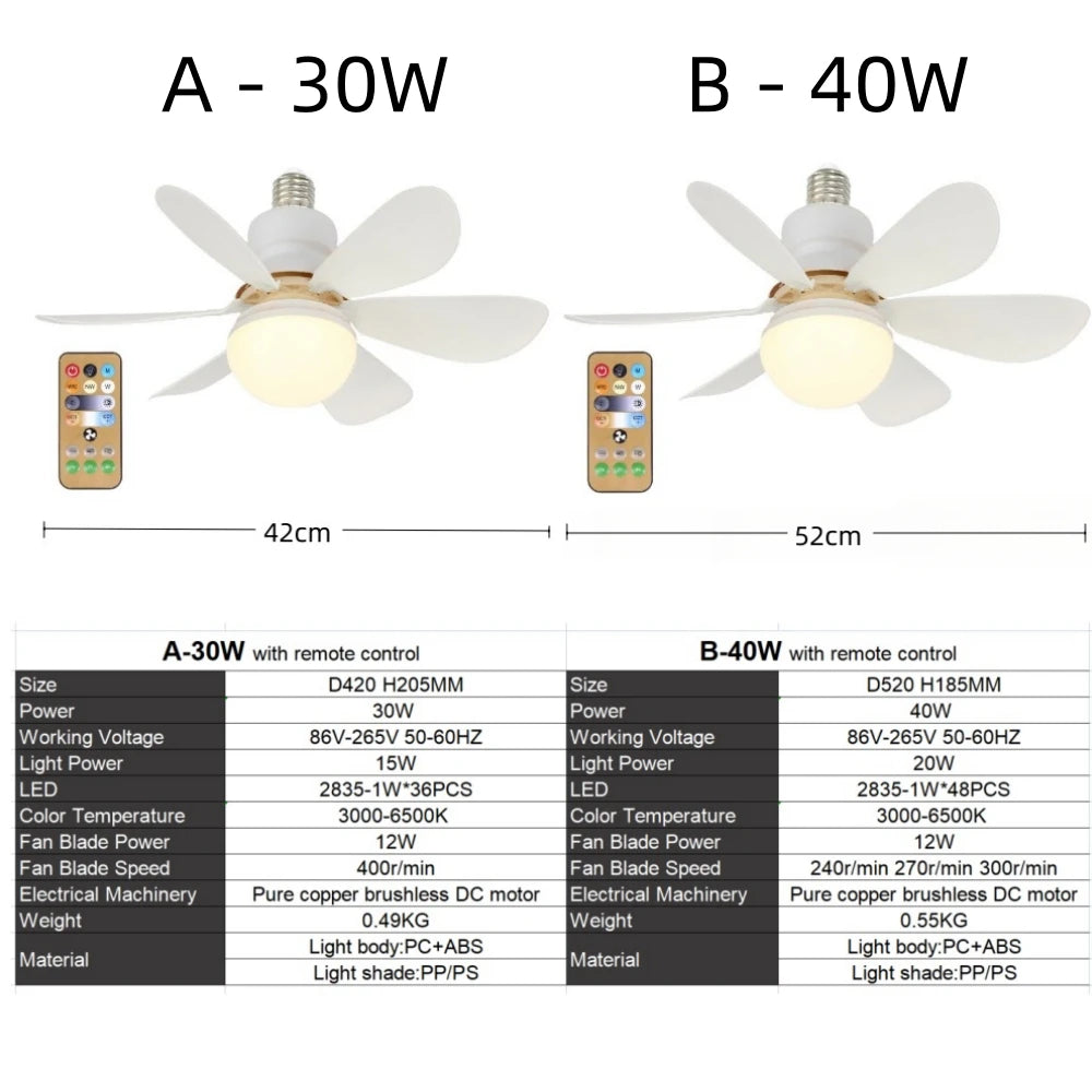 Lampe de ventilateur à prise 30W/40W base E27 télécommande sans fil remplacement de ventilateur de plafond pour chambre salon cuisine balcon