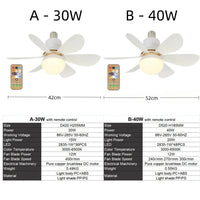 Ventilador de Tecto com Lâmpada 30W/40W Base E27 Controle Remoto Sem Fios Substituição para Quarto Sala de Estar Cozinha Varanda