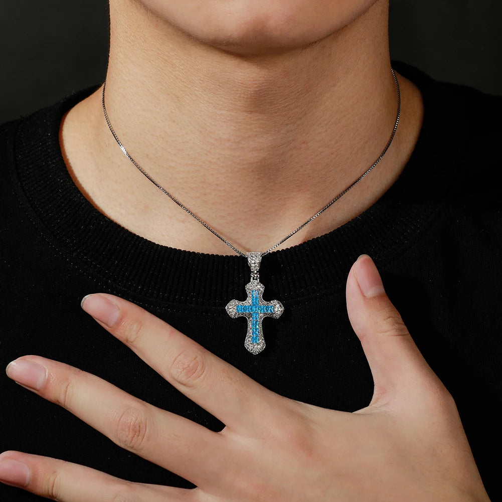 TOPGRILLZ New Classic Shiny Cross Necklace Iced Baguette Blue Zirconia Pendant Fashion Female Religious Jesus Hip Hop Jewelry