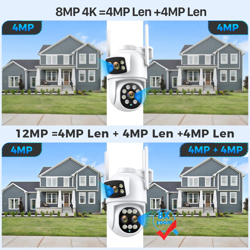 12MP 6K Caméra IP WiFi 8X Zoom Écrans Doubles Caméra de Surveillance PTZ Wifi 8MP Vision Nocturne ICSEE APP CAM Détection Humaine