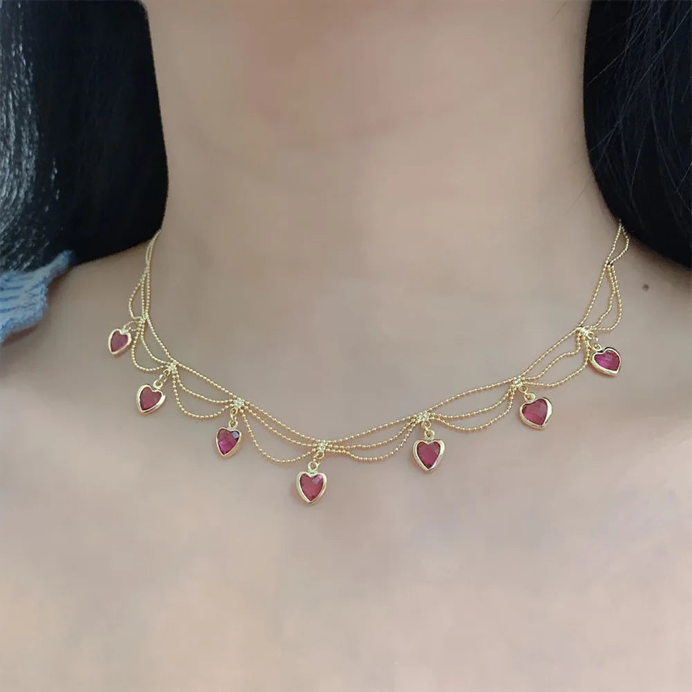 YOUNGX Vintage Emerald Zircon Heart Necklace Luxury Layered Real Gold Plated Red Green Crystal Choker For Women Jewelry Gift