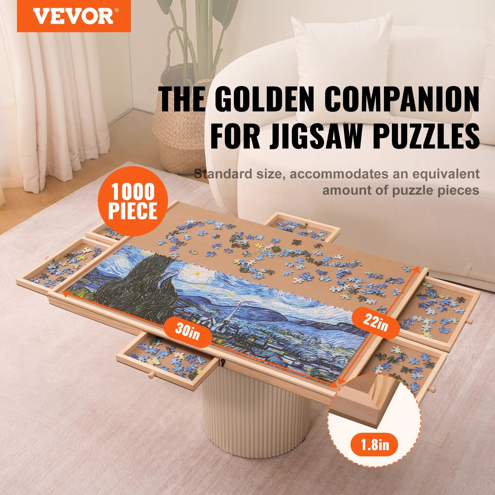 VEVOR Plateau de Puzzle de 1000 Pièces 23"x22" Table de Puzzle en Bois avec Couvercles et 6 Tiroirs de Rangement pour Adultes et Enfants