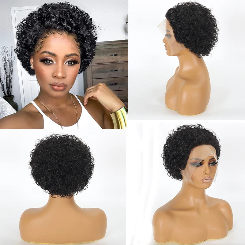 Perruque Pixie en Cheveux Humains pour Femmes, Perruque BOB Bouclée à Partir Latérale sans Colle, Liquidation Perruque Cheveux Humains