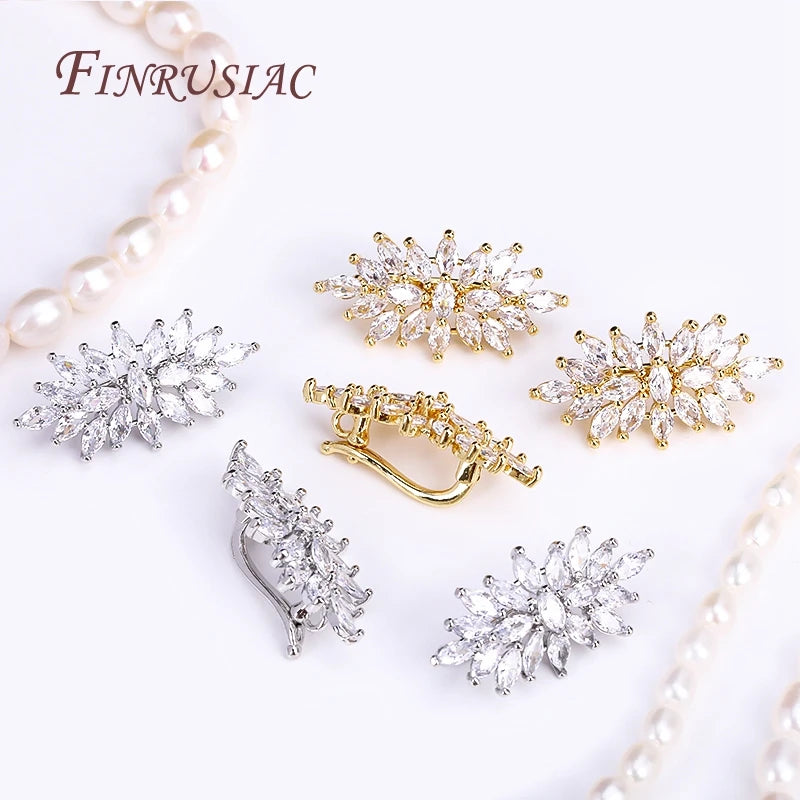 18K Plaqué Or Réel Fermoir en Perles de Luxe avec Zircon et Strass, Fermoir en Fleur pour Collier de Perles DIY