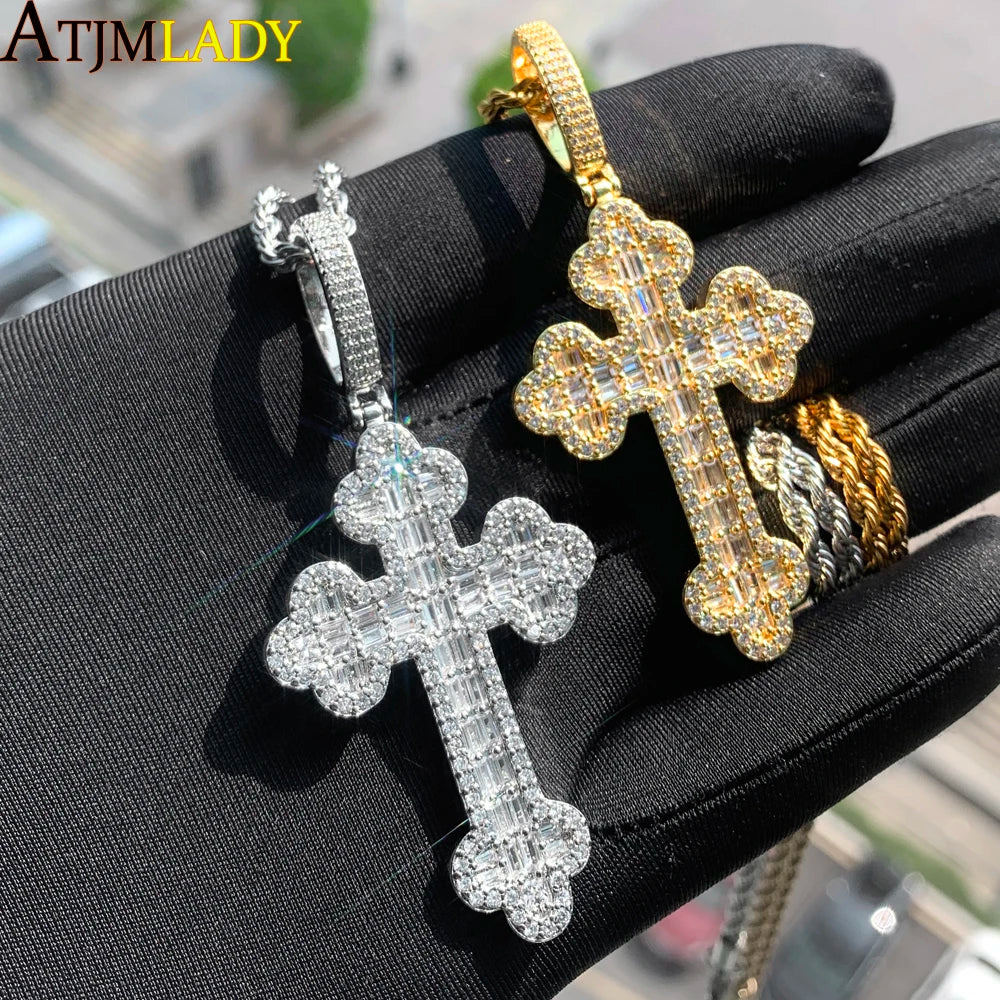 Men Women Hip Hop Cross Pendant Necklace Full Paved Sparking Cubic Zircon Rope Chain Iced Out Bling CZ Jewelry Fashion Gift