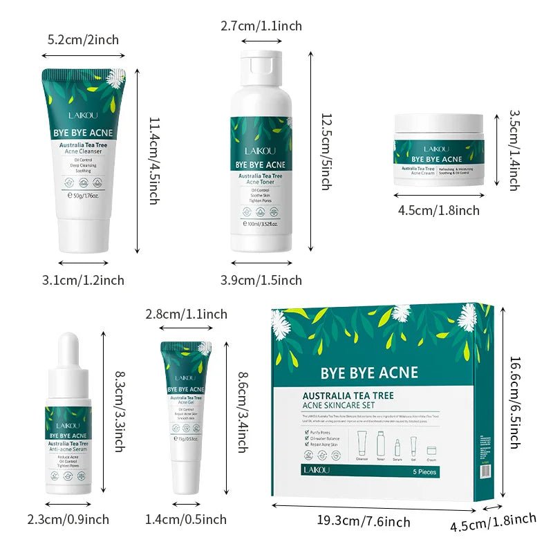 Acne Pore Skin Care Kit Tea Tree Face Cream Cleanser Oil Control Toner Acne Treatment gel Moisturizing Serum Skincare Set Cosmet - SAKLIC