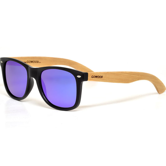 Bamboo wood classic style sunglasses with blue mirrored polarized lenses - SAKLIC