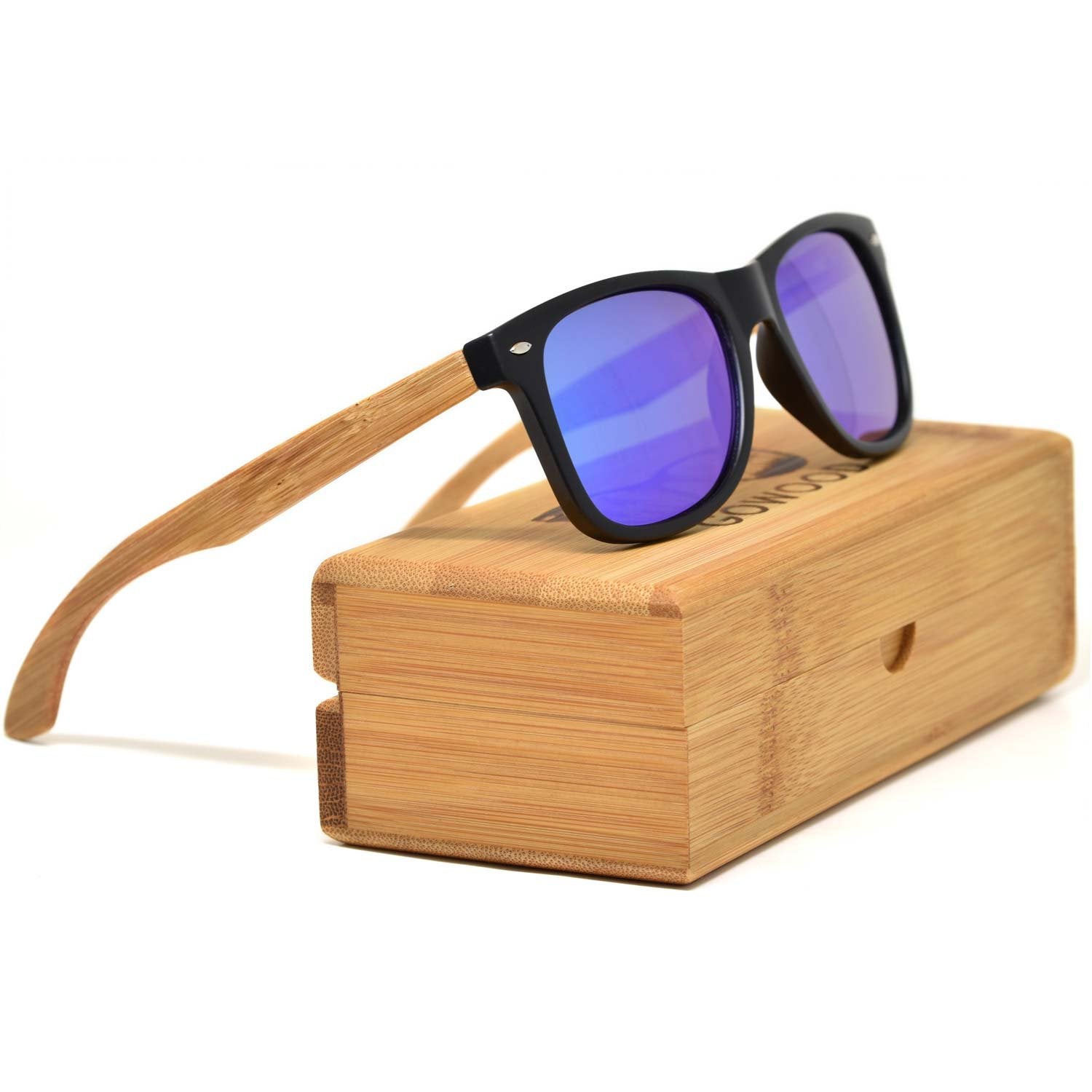 Bamboo wood classic style sunglasses with blue mirrored polarized lenses - SAKLIC