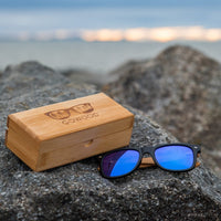 Bamboo wood classic style sunglasses with blue mirrored polarized lenses - SAKLIC