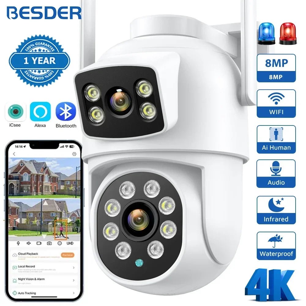 BESDER 4K 8MP Wifi Camera PTZ Outdoor Dual Screens Human Detection Dual Lenses 4MP Security Protection IP Camera Audio iCSee App - SAKLIC