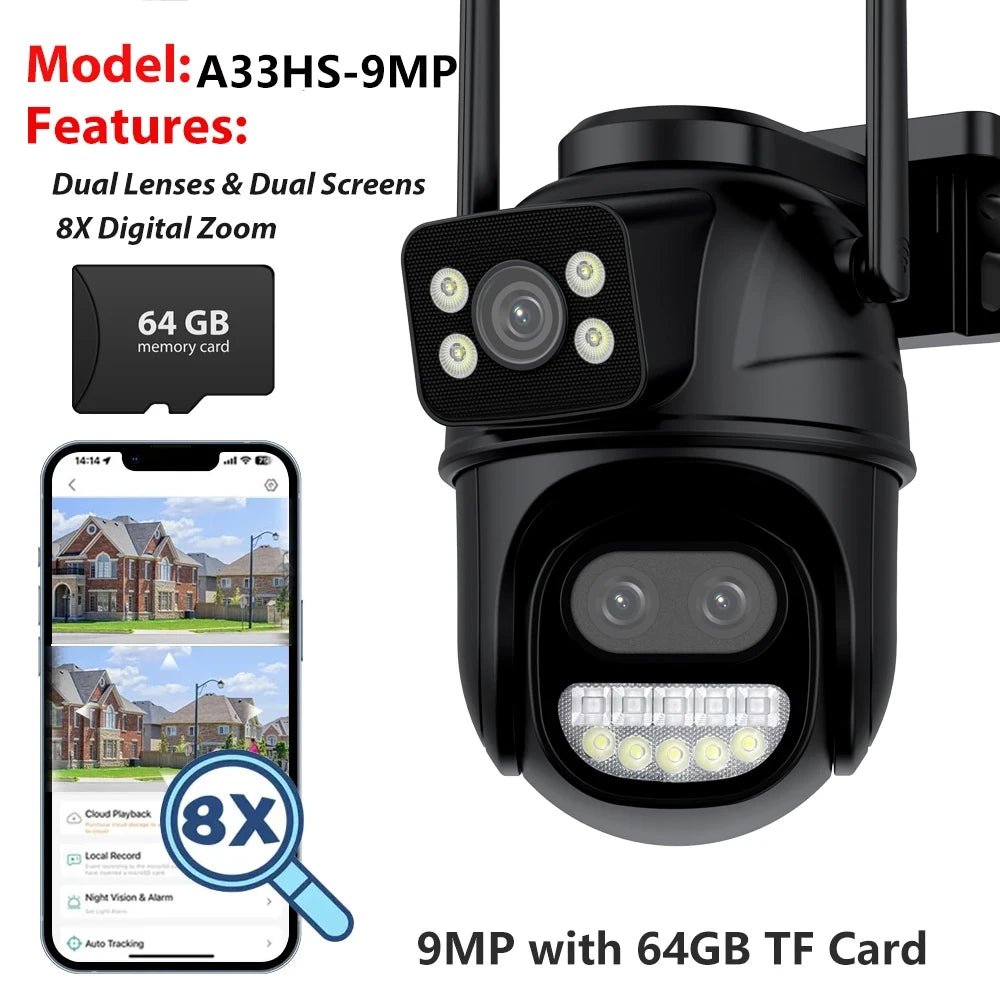 BESDER 9MP Dual Screen Wifi Camera PTZ 8X Digital Zoom Color Night Vision Outdoor Security Protection 8MP CCTV IP Camera iCSee - SAKLIC