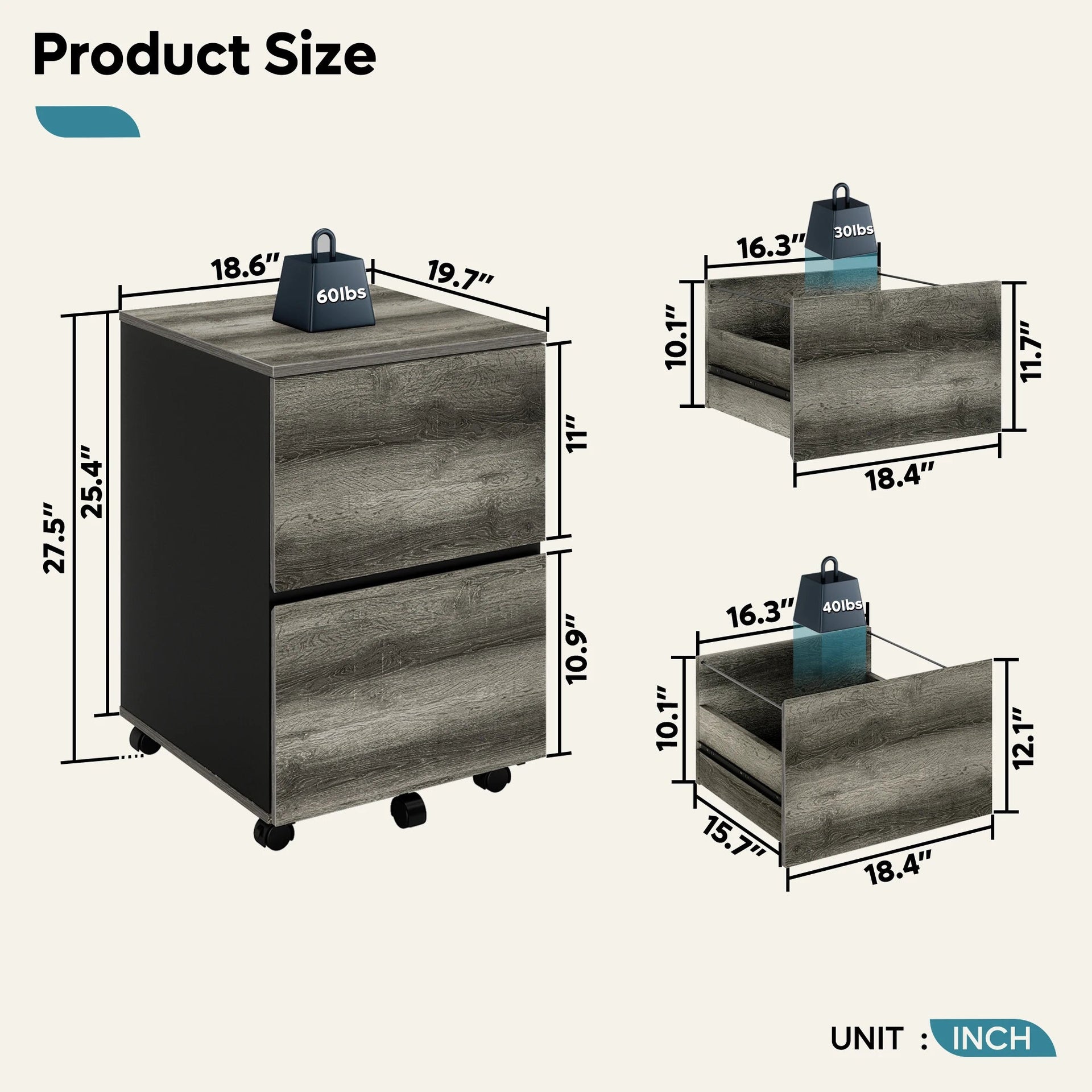 BESTIER 2 Drawer Mobile File Cabinet with File Holders Wood Rolling Filing Cabinet for A4/Letter Size Under Desk For Office - SAKLIC