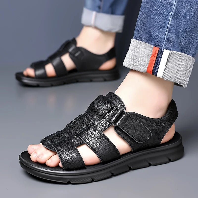 Brand Men's Fashionable Top Layer Cowhide Roman Beach Sandals Summer Breathable Soft Sole Non Slip Outdoor Quick Drying Sandals - SAKLIC