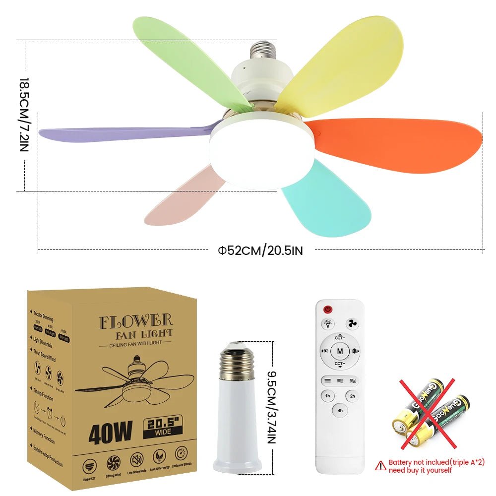 Ceiling Fan with Light E27 Socket Fans with Lights Remote Control for Dimming Fans for Room Ceiling Fan Lamp Home Use, 85 - 265V - Tkbeel