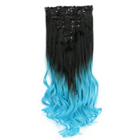 Curly Synthetic Black To Blue Clip in Hair Extensions Full Head Ombre Hair Pieces Extension Cheveux Clip Naturel - SAKLIC