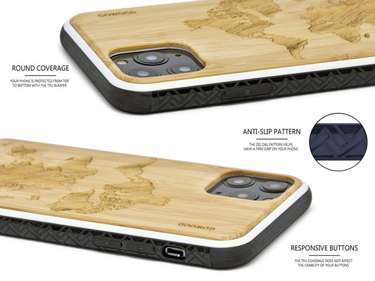 GoWood iPhone 11 Pro Wood Case - World Map Engraved Bamboo Backside with TPU Bumper - SAKLIC