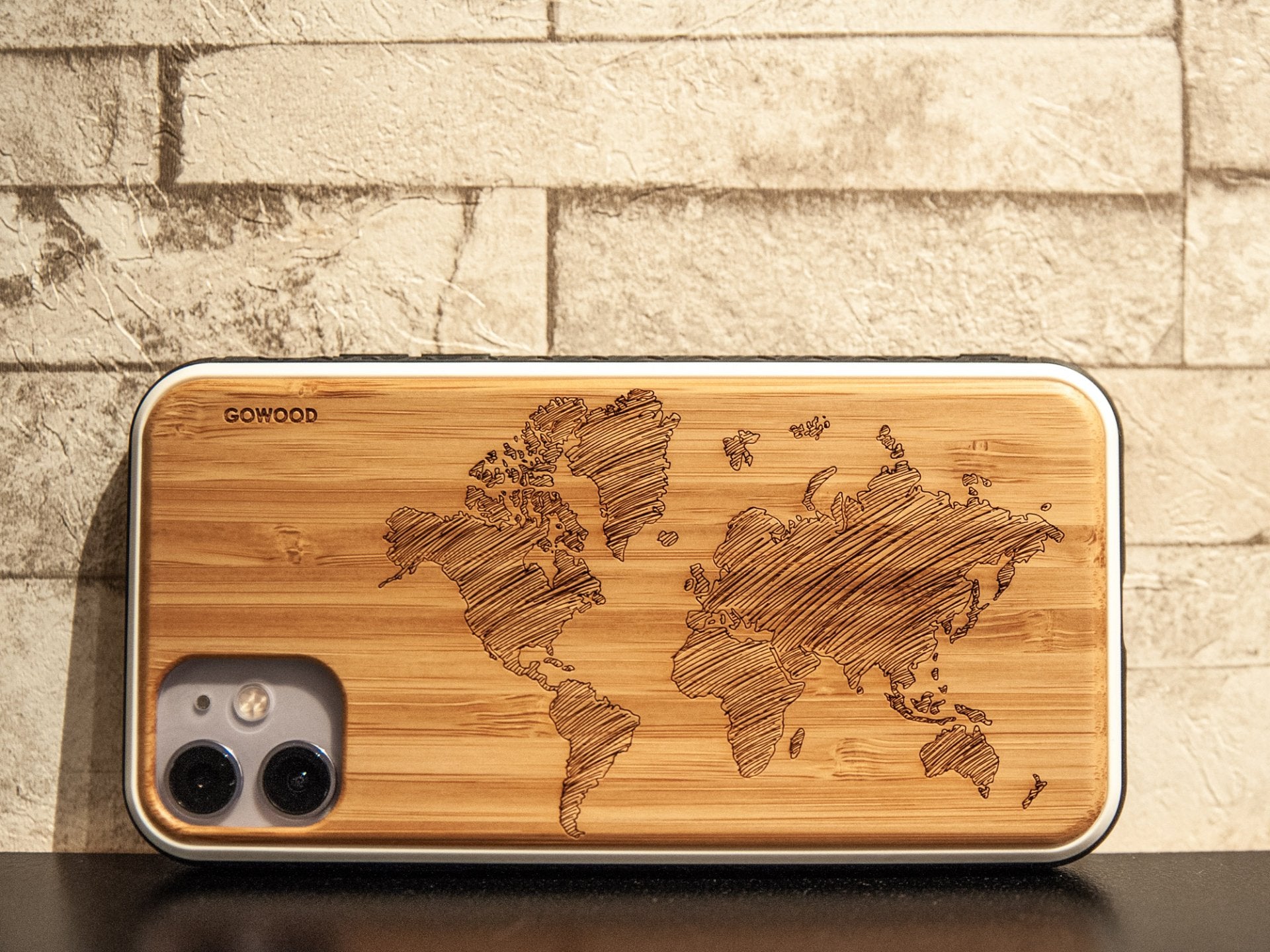 GoWood iPhone 11 Pro Wood Case - World Map Engraved Bamboo Backside with TPU Bumper - SAKLIC