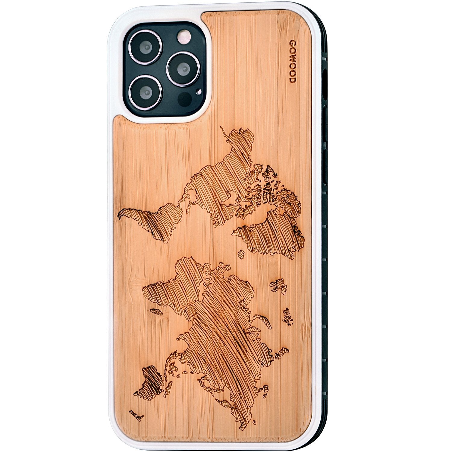 GOWOOD iPhone 12 and iPhone 12 Pro Wood Case - World Map Engraved Bamboo Backside with TPU Bumper - SAKLIC