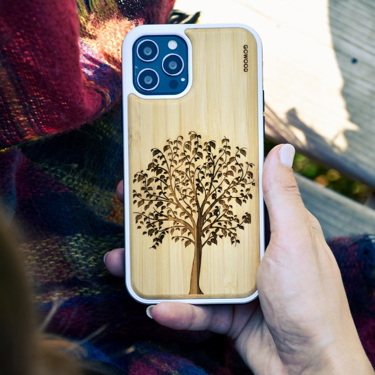 GOWOOD iPhone 13 Mini Bamboo Wood Case with Tree Engraved Backside and TPU Bumper - SAKLIC