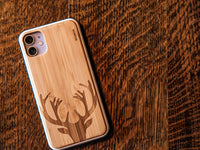 iPhone 11 Pro Wood Case Deer Engraved Bamboo Backside with TPU Bumper - SAKLIC