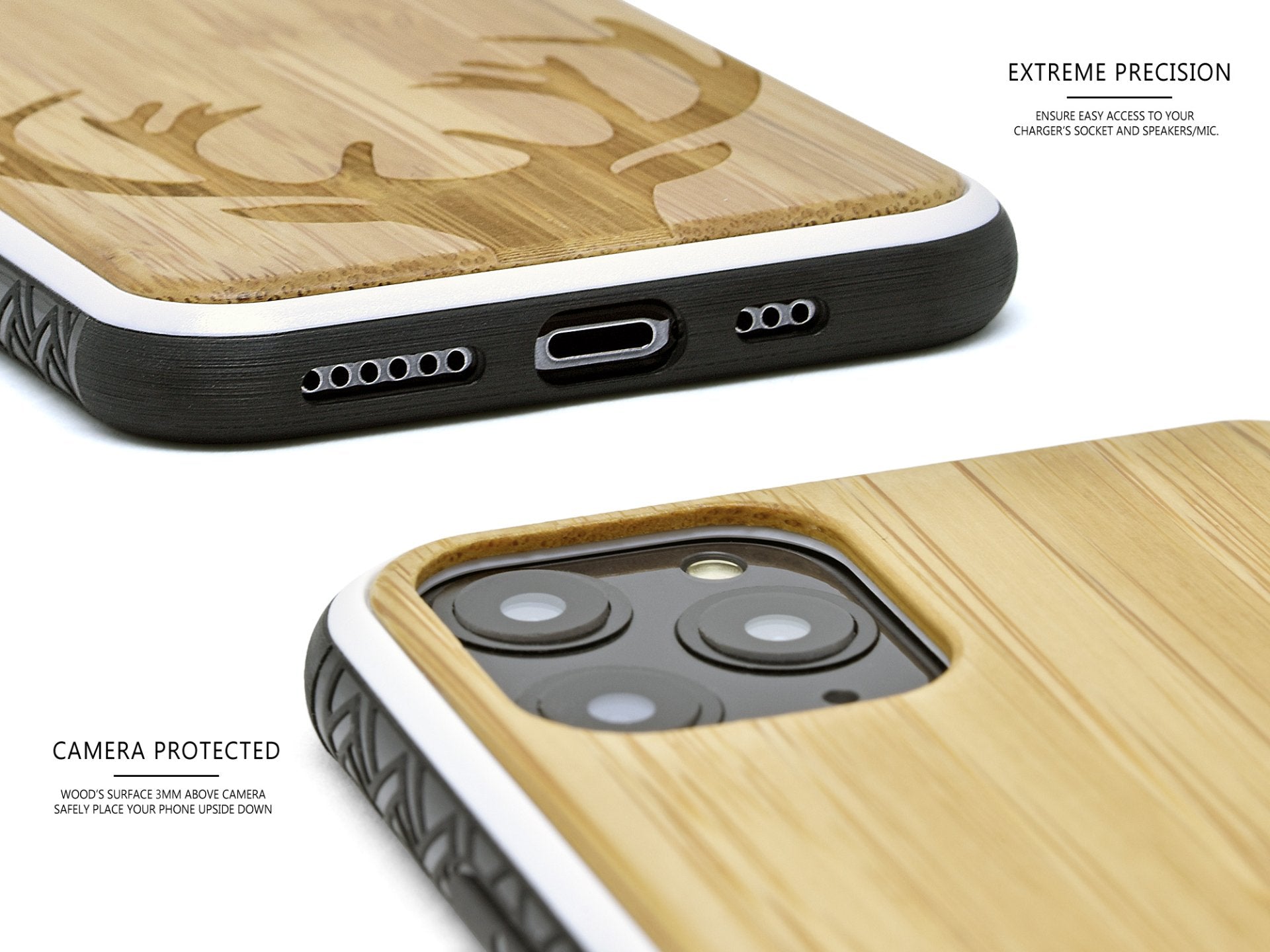 iPhone 11 Pro Wood Case Deer Engraved Bamboo Backside with TPU Bumper - SAKLIC