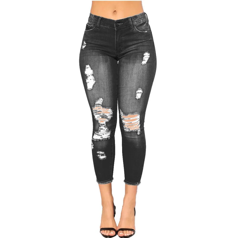 KHS2272 2022 Fashion New Skinny Denim Plus Size Women's Jeans High Waist Women Washed Holes Stretch Ripped Jeans - SAKLIC