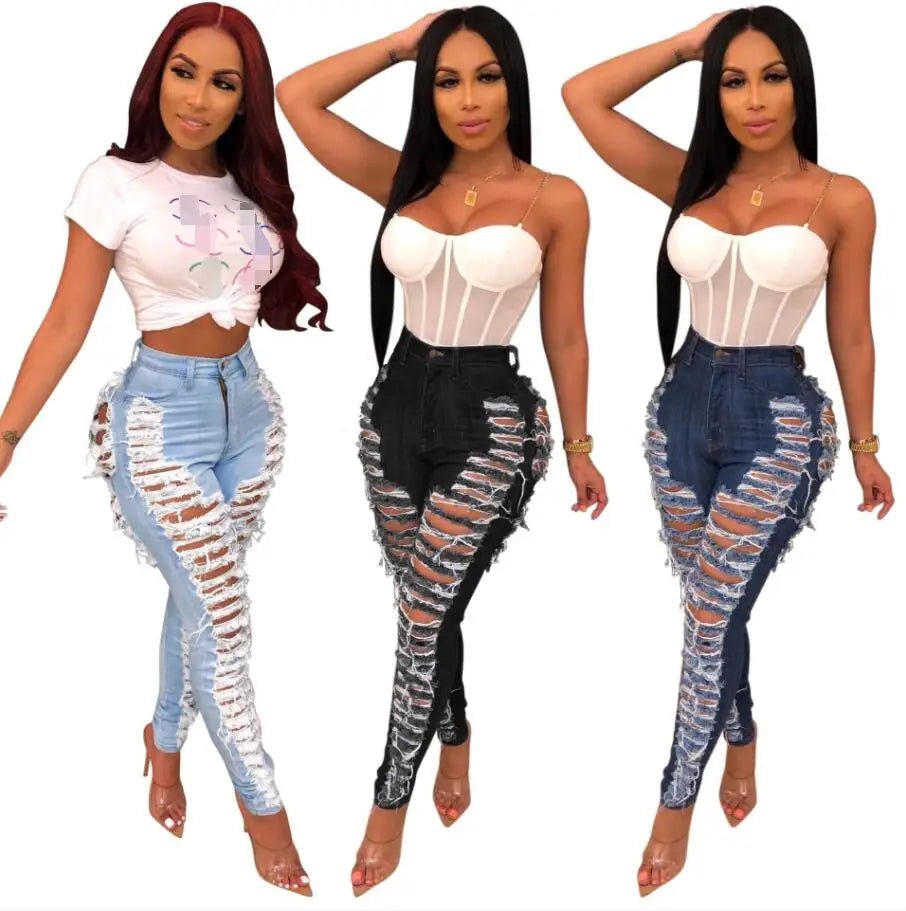 KHS2272 2022 Fashion New Skinny Denim Plus Size Women's Jeans High Waist Women Washed Holes Stretch Ripped Jeans - SAKLIC