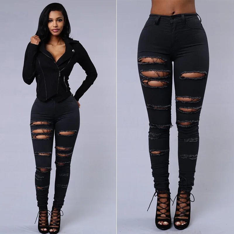 KHS2272 2022 Fashion New Skinny Denim Plus Size Women's Jeans High Waist Women Washed Holes Stretch Ripped Jeans - SAKLIC