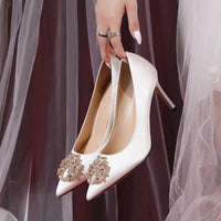 Ladies White Wedding Stiletto Shoes Pointed Toe Rhinestone Large Size Thin Heels Formal Party Shoes - SAKLIC