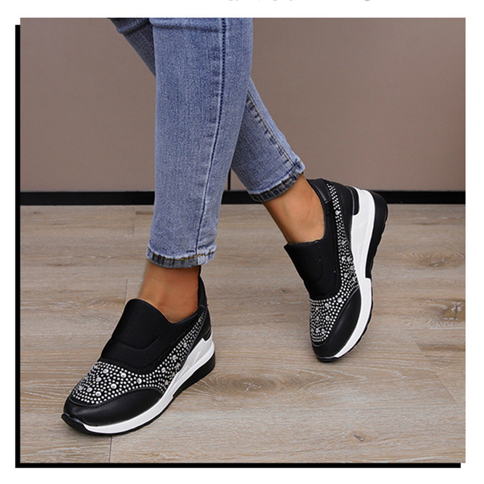 Large slope heel shoes for women in spring, new rhinestone inner height increasing shoes, high heels, lazy shoes, casual sports shoes for women - SAKLIC