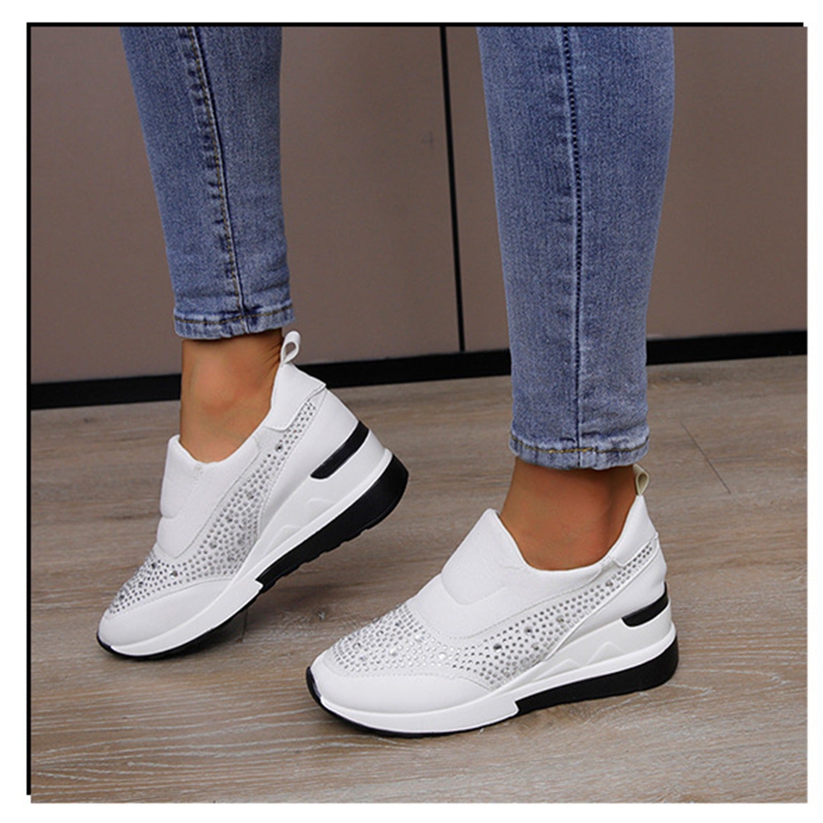 Large slope heel shoes for women in spring, new rhinestone inner height increasing shoes, high heels, lazy shoes, casual sports shoes for women - SAKLIC