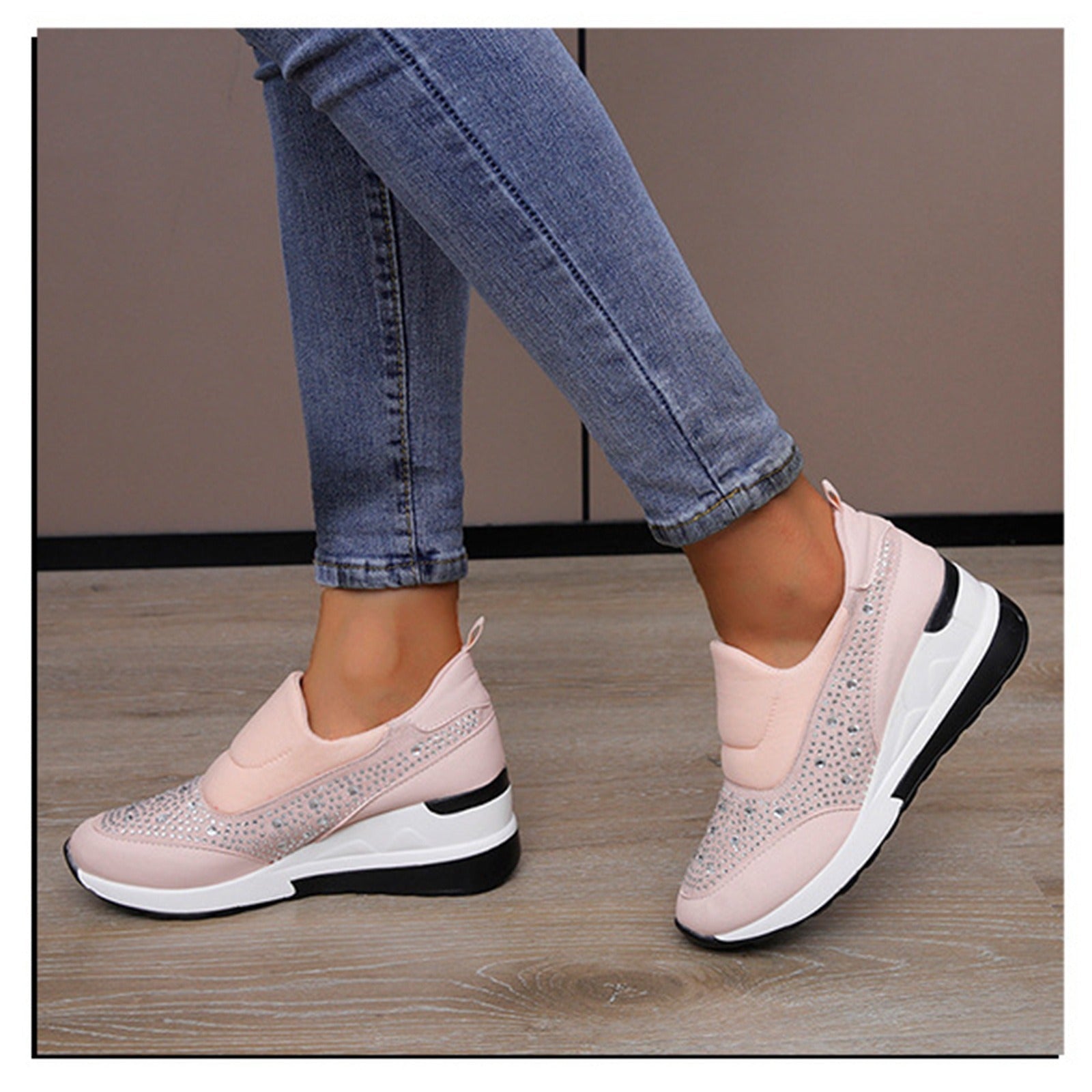 Large slope heel shoes for women in spring, new rhinestone inner height increasing shoes, high heels, lazy shoes, casual sports shoes for women - SAKLIC