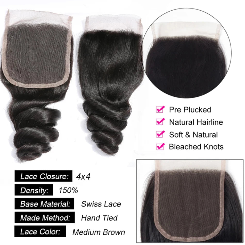 Loose Wave 3 Bundles with Closure Tissage Cheveux Humain Avec Closure Raw Cambodian Hair Bundles Boule De Tissage Cheveux Humain - SAKLIC