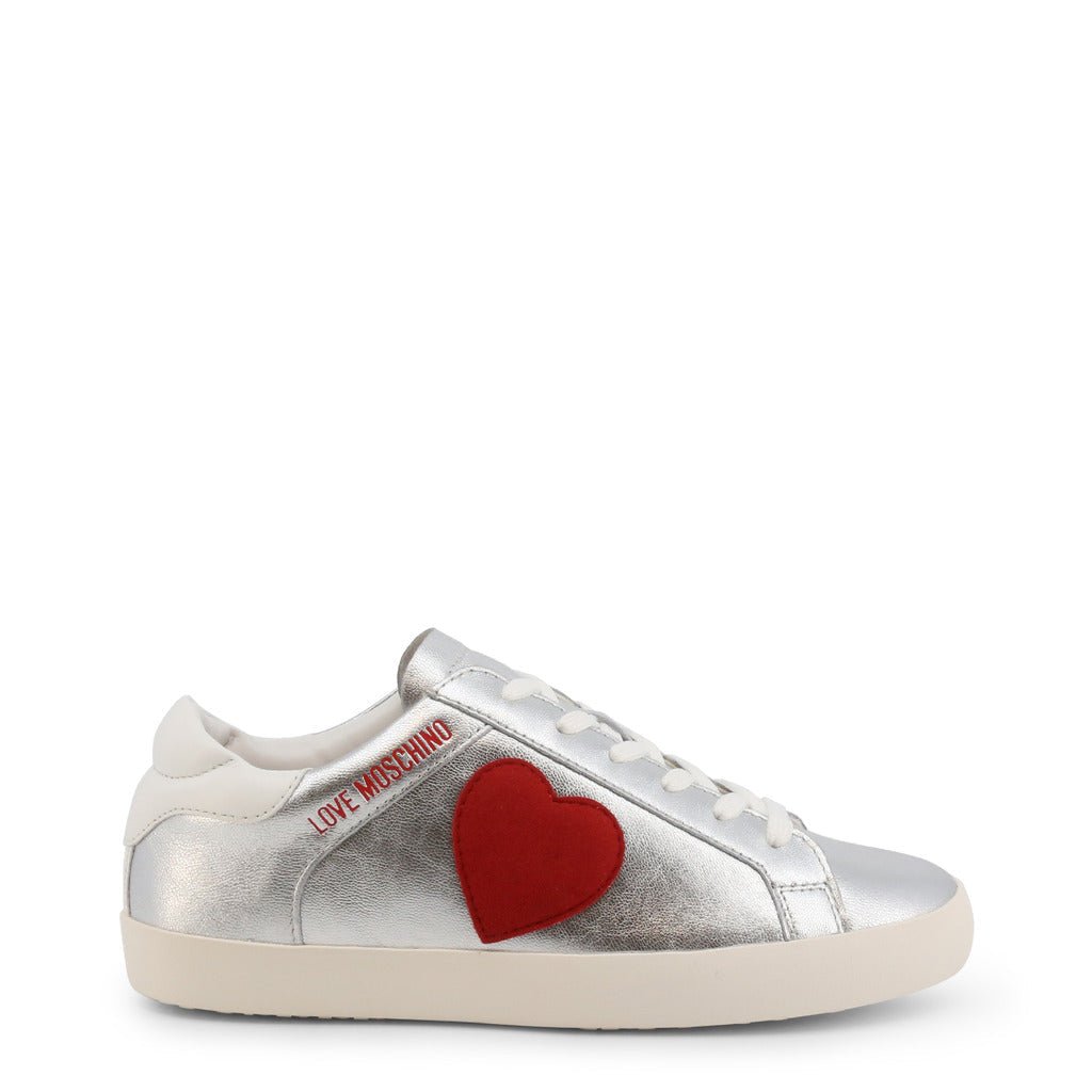 Love Moschino Silver Heart Sneakers | Italian Leather | Red Heart Logo - SAKLIC