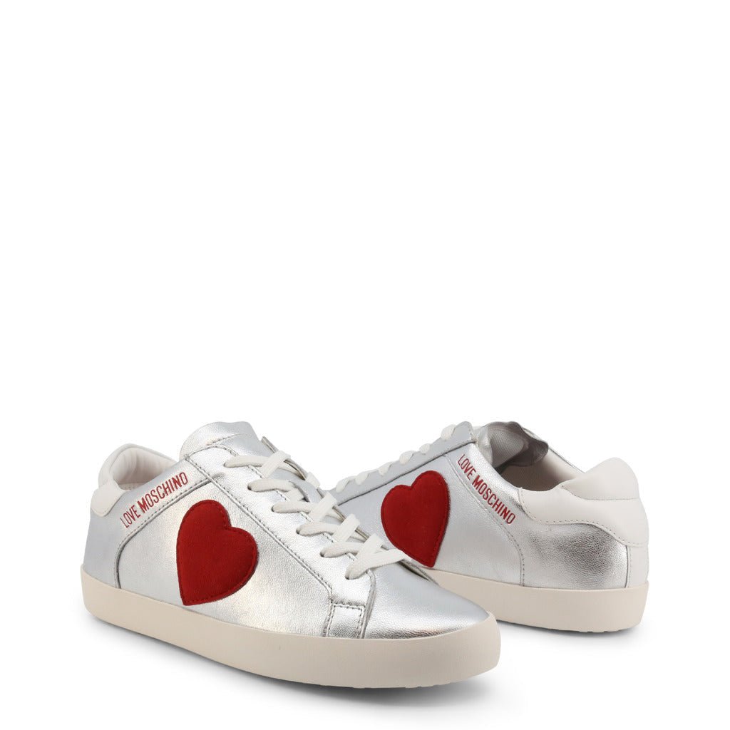 Love Moschino Silver Heart Sneakers | Italian Leather | Red Heart Logo - SAKLIC