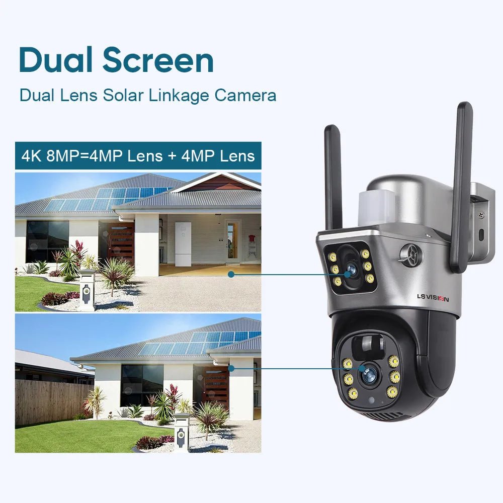 LS VISION 4K 8MP WiFi Solar Camera Dual Lens Dual Screen Battery CCTV Motion Detection Human Auto Tracking Surveillance Cameras - SAKLIC