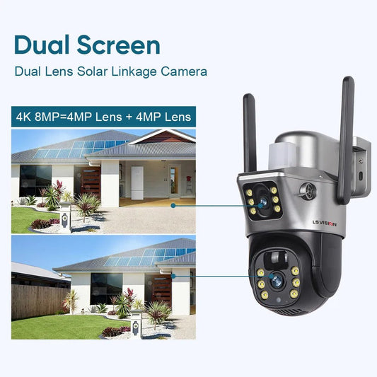 LS VISION 4K 8MP WiFi Solar Camera Dual Lens Dual Screen Battery CCTV Motion Detection Human Auto Tracking Surveillance Cameras - SAKLIC