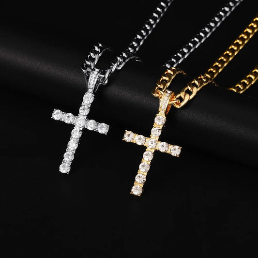 Men Women Hip Hop Cross Pendant Necklace With 4mm Zircon Tennis Chain Iced Out Exquisite Bling Jewelry Fashion Trendy Creative - SAKLIC