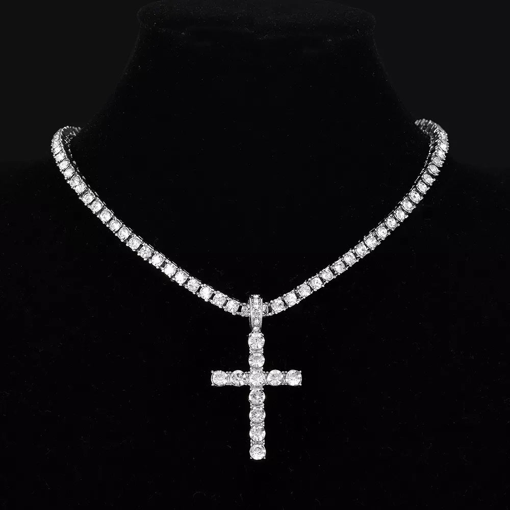 Men Women Hip Hop Cross Pendant Necklace With 4mm Zircon Tennis Chain Iced Out Exquisite Bling Jewelry Fashion Trendy Creative - SAKLIC