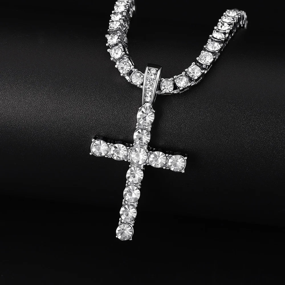 Men Women Hip Hop Cross Pendant Necklace With 4mm Zircon Tennis Chain Iced Out Exquisite Bling Jewelry Fashion Trendy Creative - SAKLIC