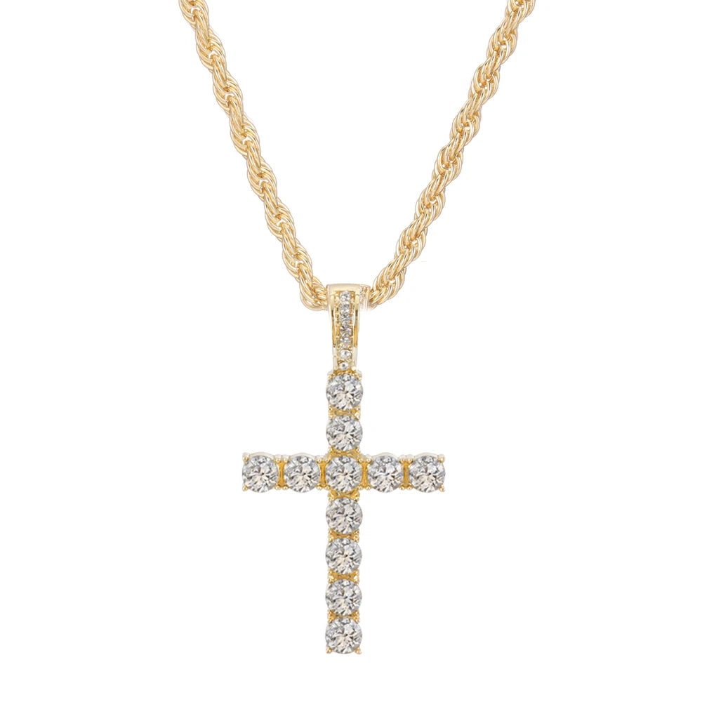 Men Women Hip Hop Cross Pendant Necklace With 4mm Zircon Tennis Chain Iced Out Exquisite Bling Jewelry Fashion Trendy Creative - SAKLIC