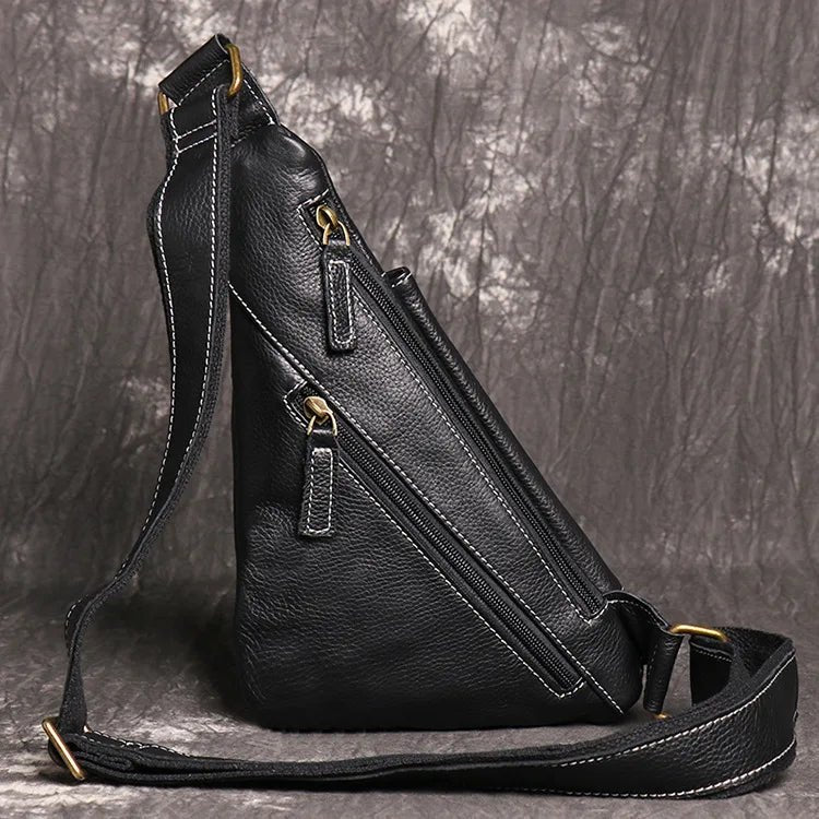 Men's Leather Sling Bag Genuine Leather Chest Bag Crossbody Shoulder Bag For Works Casual Travel - SAKLIC