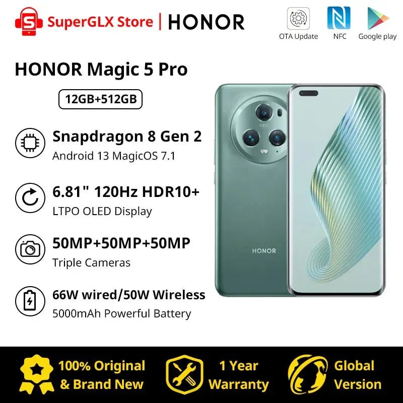 New Global Version HONOR Magic 5 Pro Snapdragon 8 Gen 2 Magic5 Pro 120Hz Triple 50MP Cameras 100X Digital Zoom 66W Super Charge - SAKLIC