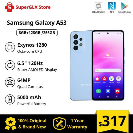 Original Samsung Galaxy A53 5G Smartphone Android Exynos 1280 Octa - core 120Hz Super AMOLED 5000mAh 25W Fast Charge Mobile Phone - SAKLIC