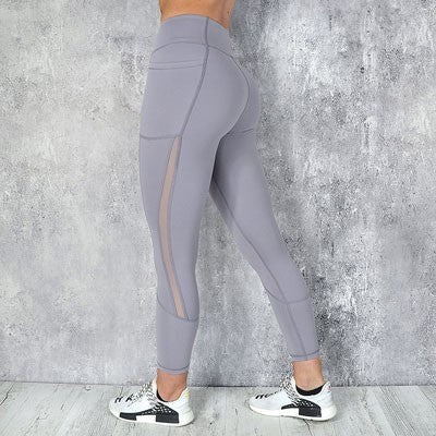 Pocket Solid Sport Yoga Pants High Waist Mesh Sport Leggings Fitness Women Yoga Leggings Training Running Pants Sportswear Women - SAKLIC