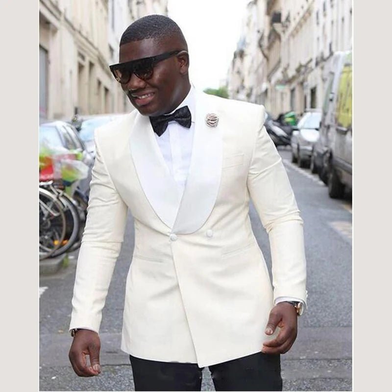 Shawl Lapel Double - Breasted Ivory Wedding Groom Tuxedos Men Suits Wedding Prom Dinner Best Man Blazer - SAKLIC